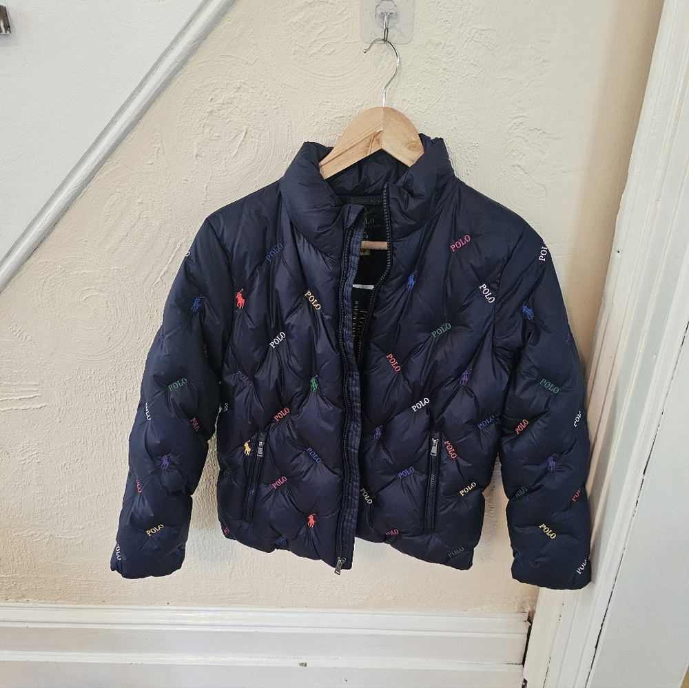 Polo by Ralph Lauren Navy Puffer Jacket with Multicolor Polo Logos